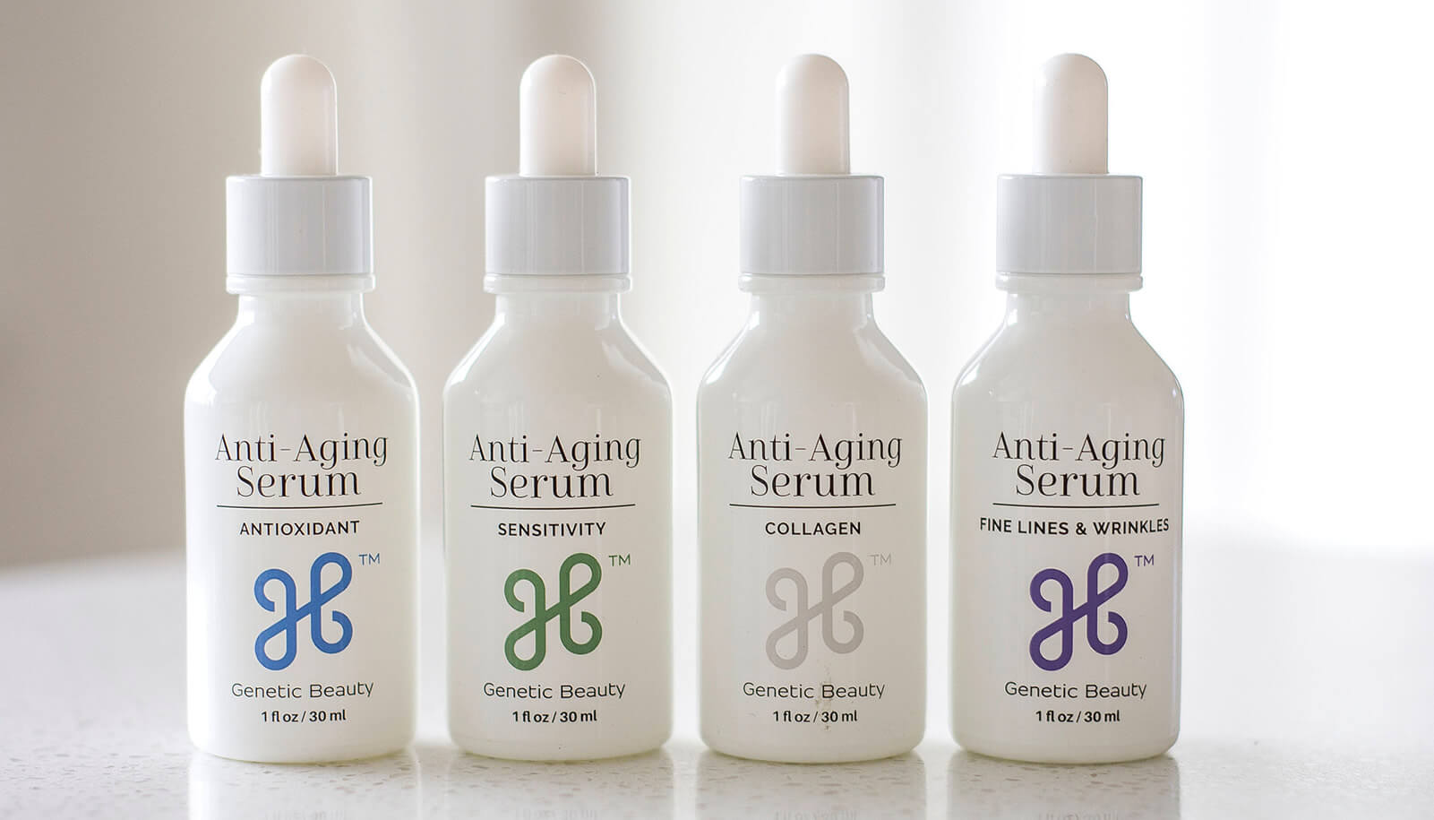 Genetic Beauty review of anti-aging skincare serums displayed on a shelf