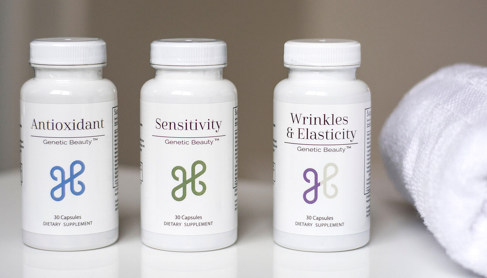 Genetic Beauty skincare supplements displayed on a shelf