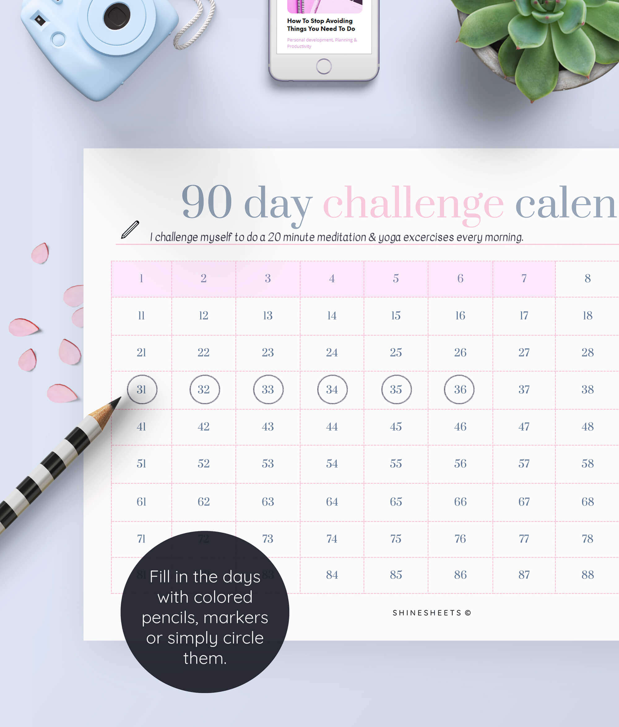 90 Day Challenge Calendar PDF close up