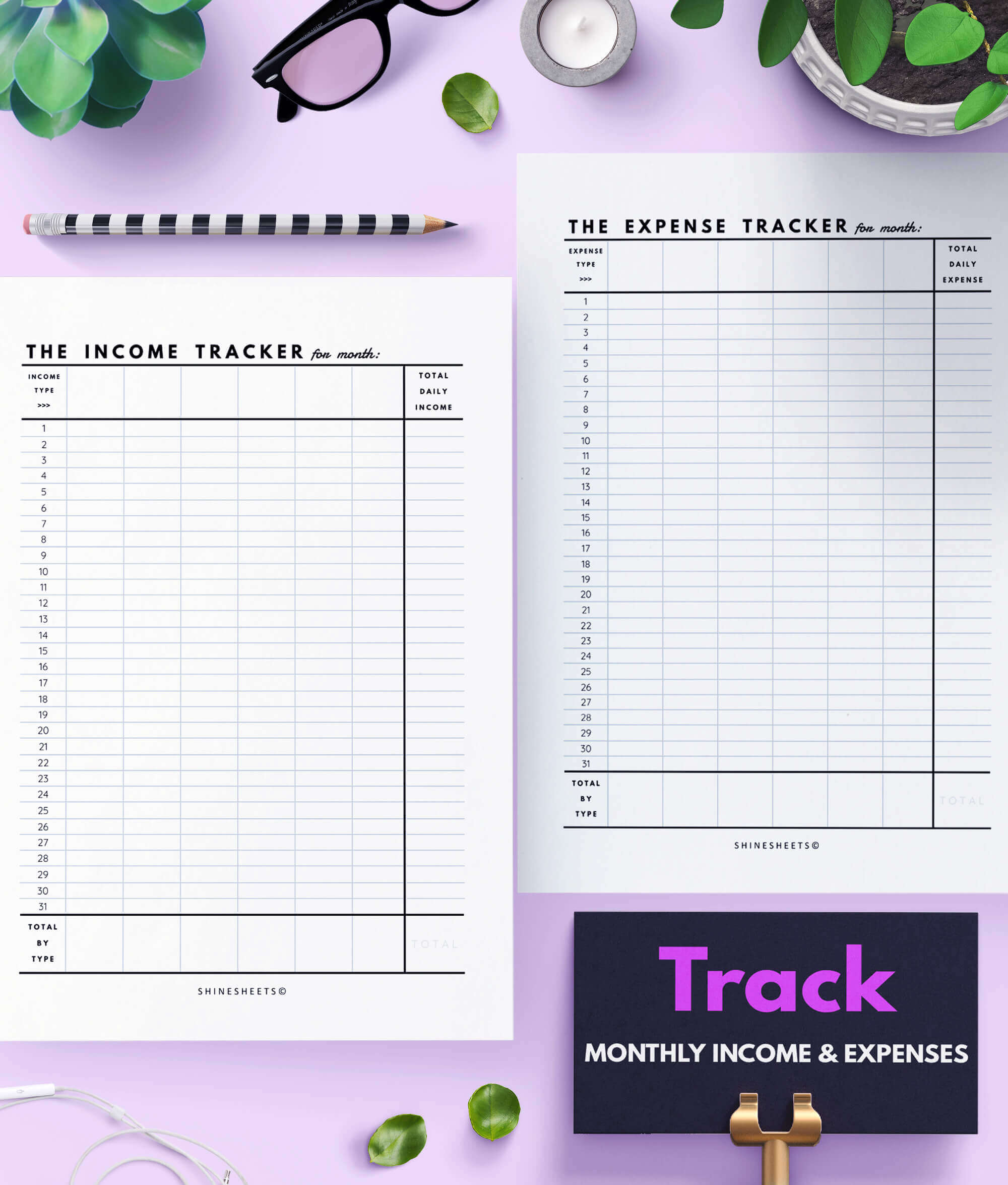 Finance Tracker Printable monthly income and expense pages