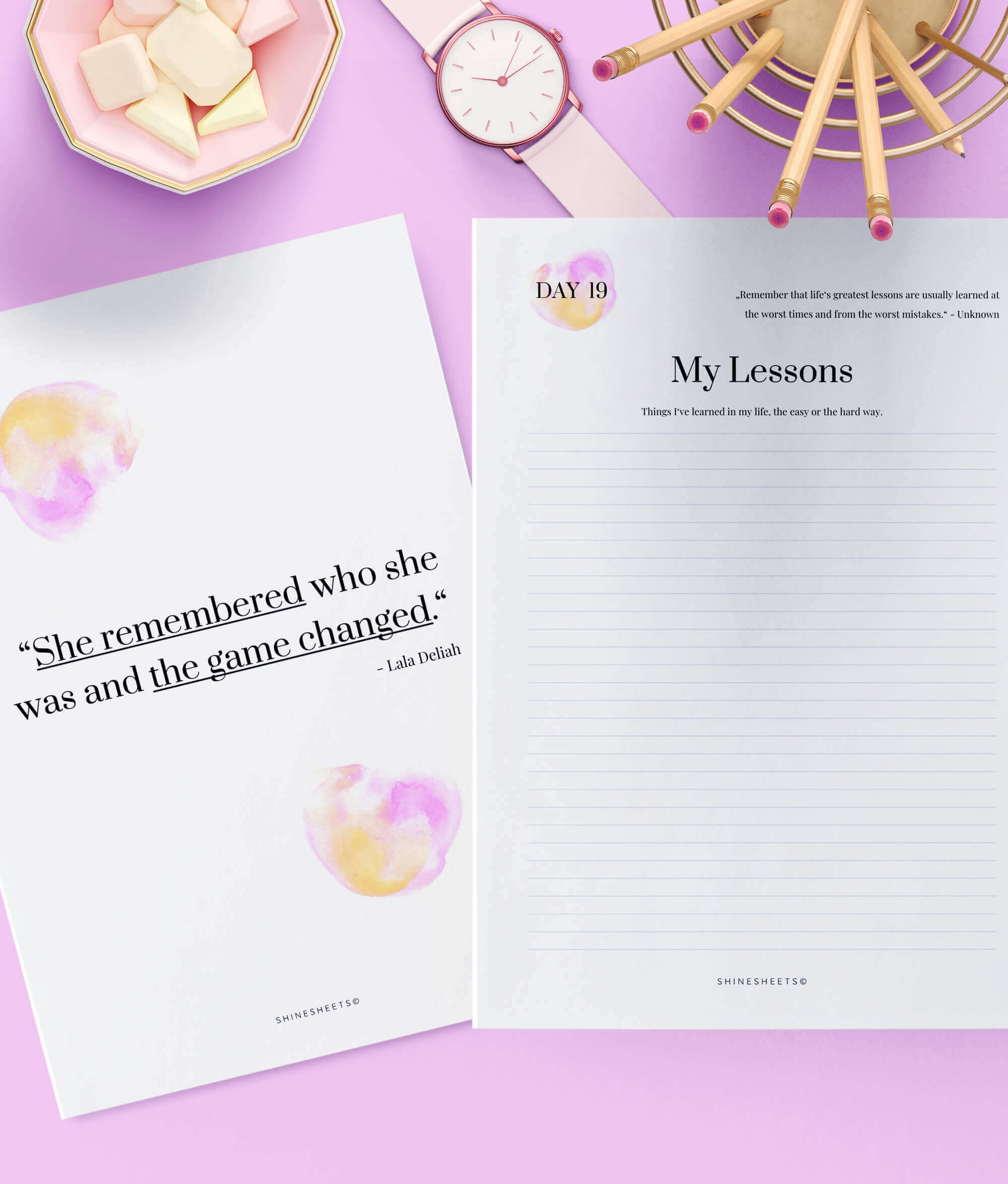 my lessons and quote page in free printable self-discovery journal
