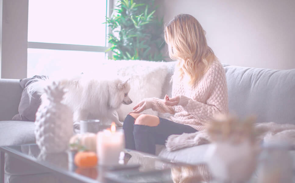 A blonde woman sits in a relaxing decorated room with candles and plays with her white dog