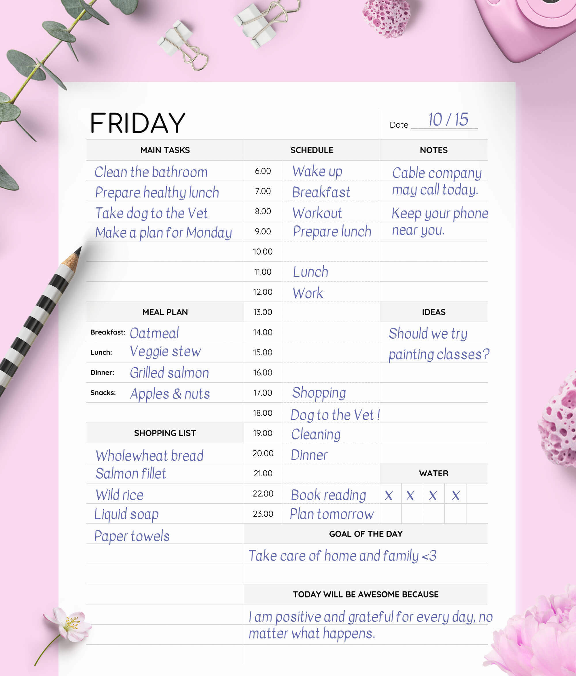 Day On One Page Weekly Planner Printable, filled example