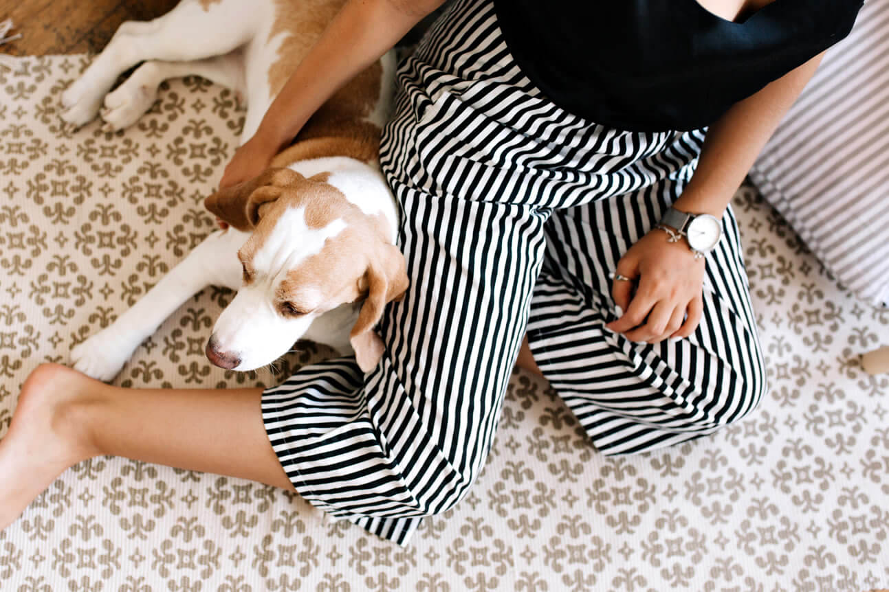 woman playing with her dog as part of her goods habits