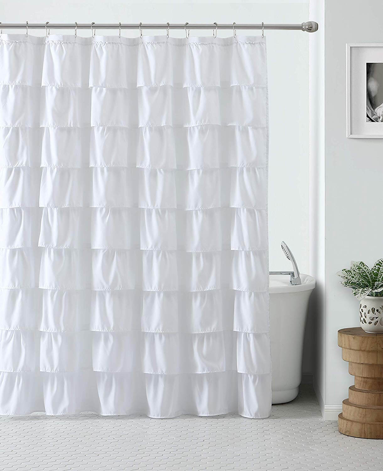 white ruffled shower curtain