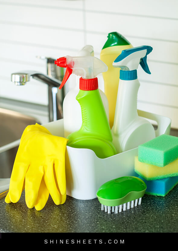 various cleaning items in a caddy