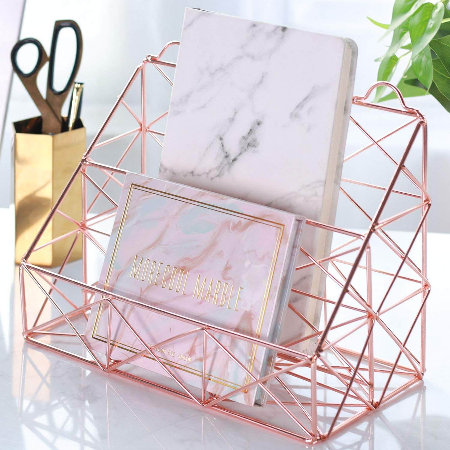 rose gold metal wire organizers as a product suggestion on how to keep your house clean