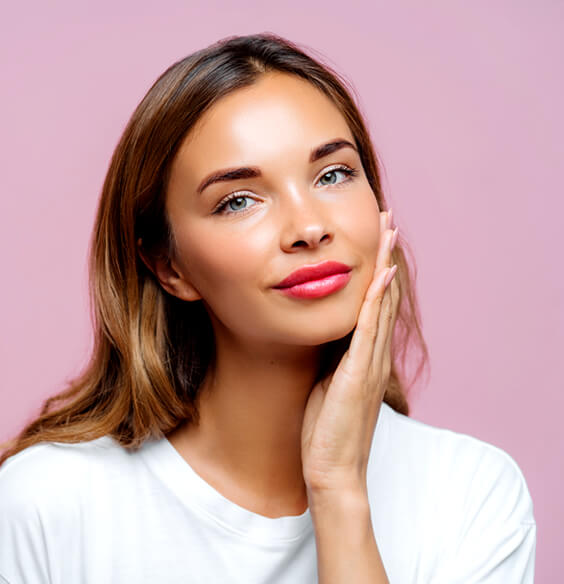 woman with red lipstick touching beautiful skin