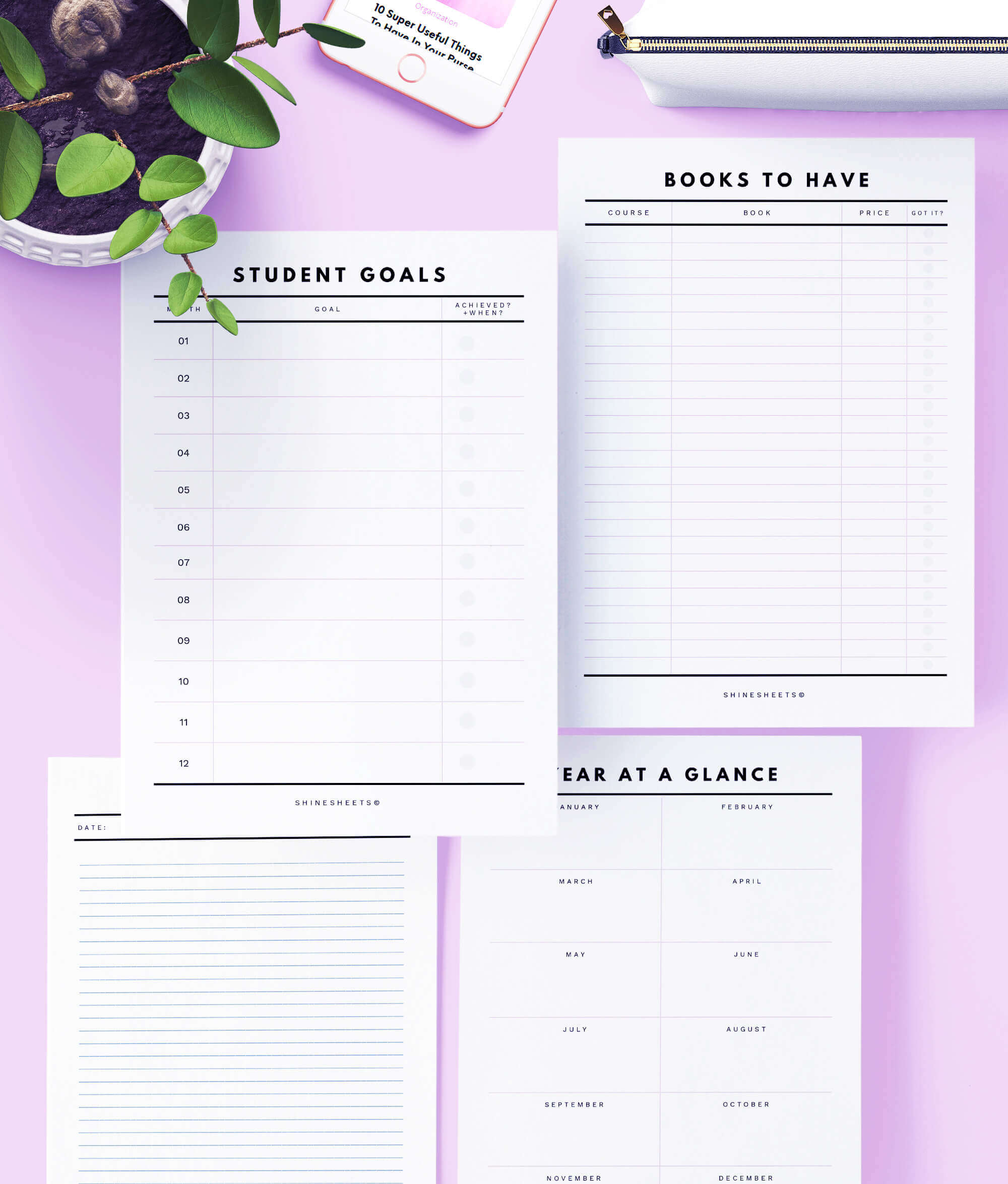 free student planner printable pages: goals, books