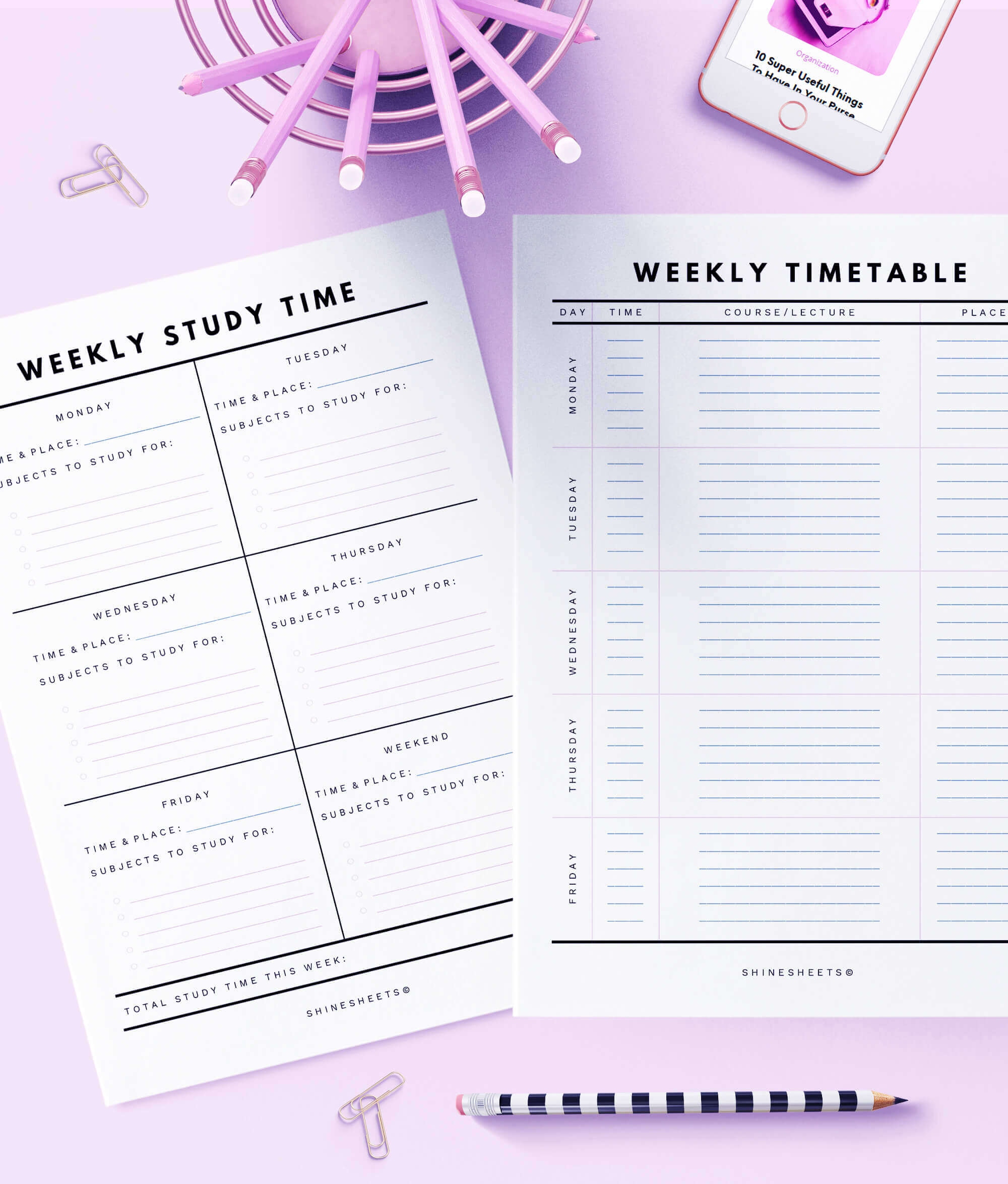 free student planner printable pages: study time and weekly timetable