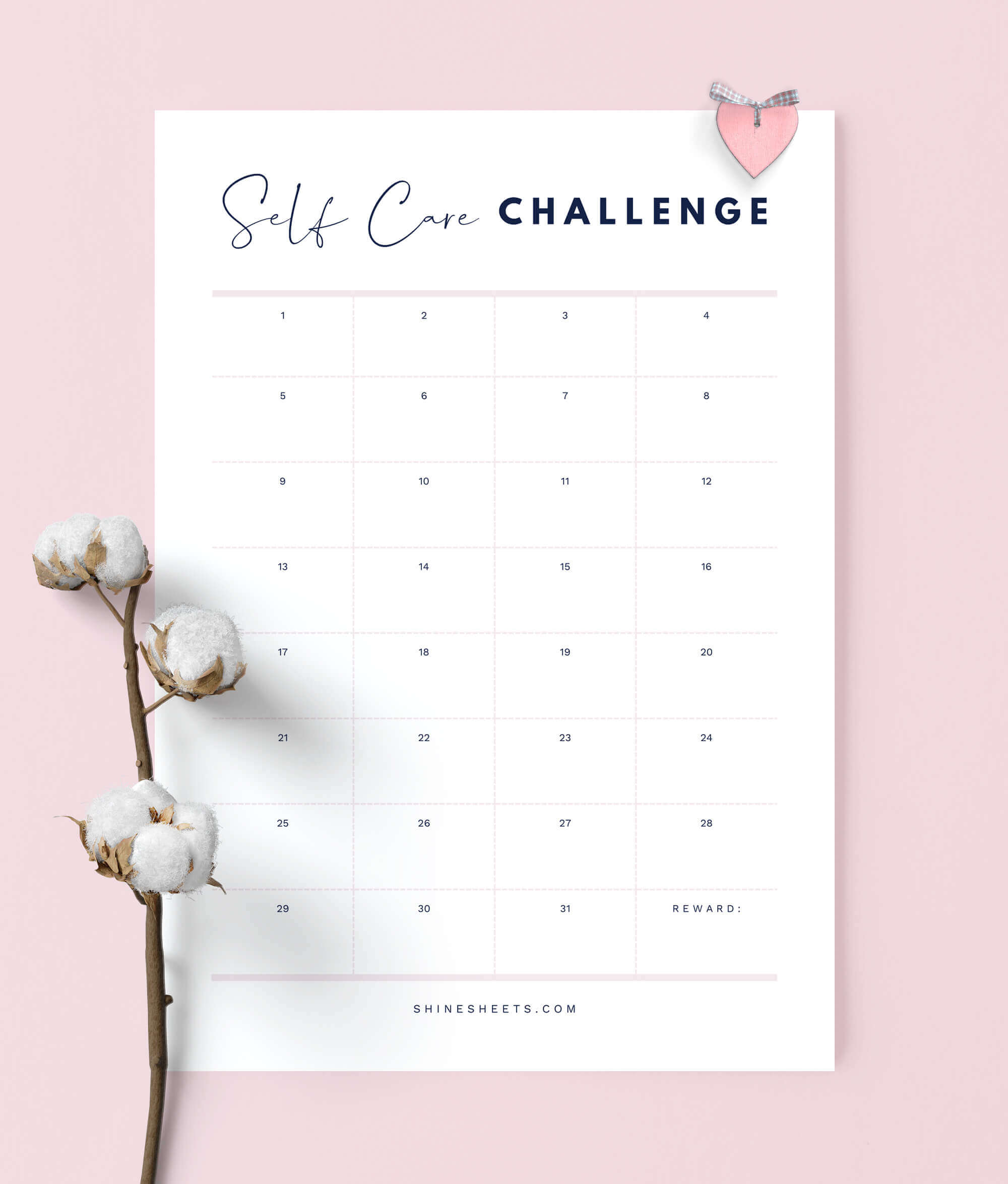 Wellness Planner Printable page of self care challenge