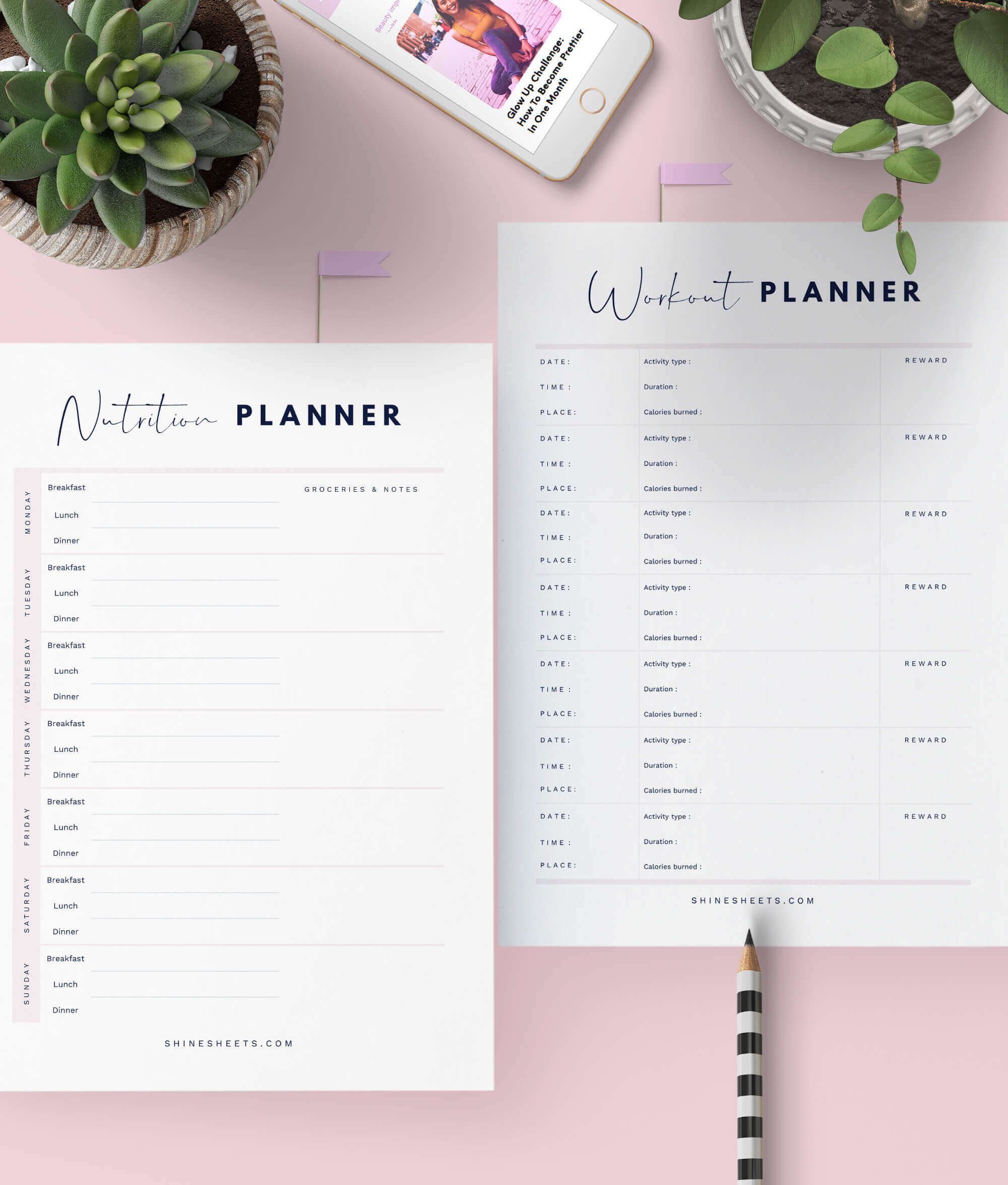 nutrition planner and workout planner pages in free wellness planner printable by shinesheets