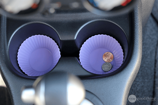 Silicone cupcake molds used as inserts in car cupholder spaces