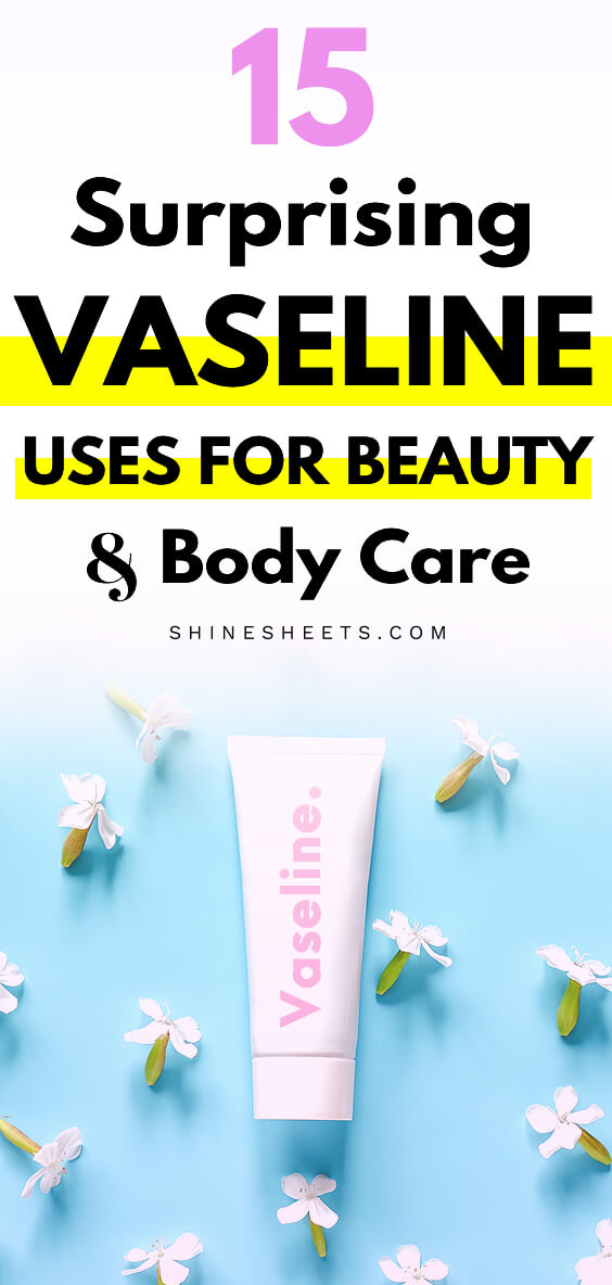 A white bottle of vaseline on blue tble and white flowers