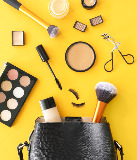 cosmetic bag with makeup and tools