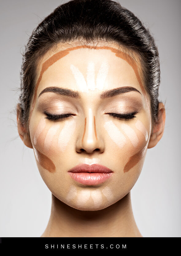 real woman face with markings as a guide on how to apply bronzer