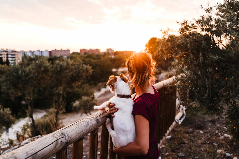 Woman relaxing and lowering her health anxiety by walking her dog in the nature