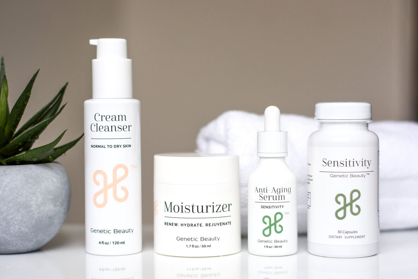 Genetic Beauty review of anti-aging skincare products: cleanser, moisturizer, serum and dietary supplements on a white shelf