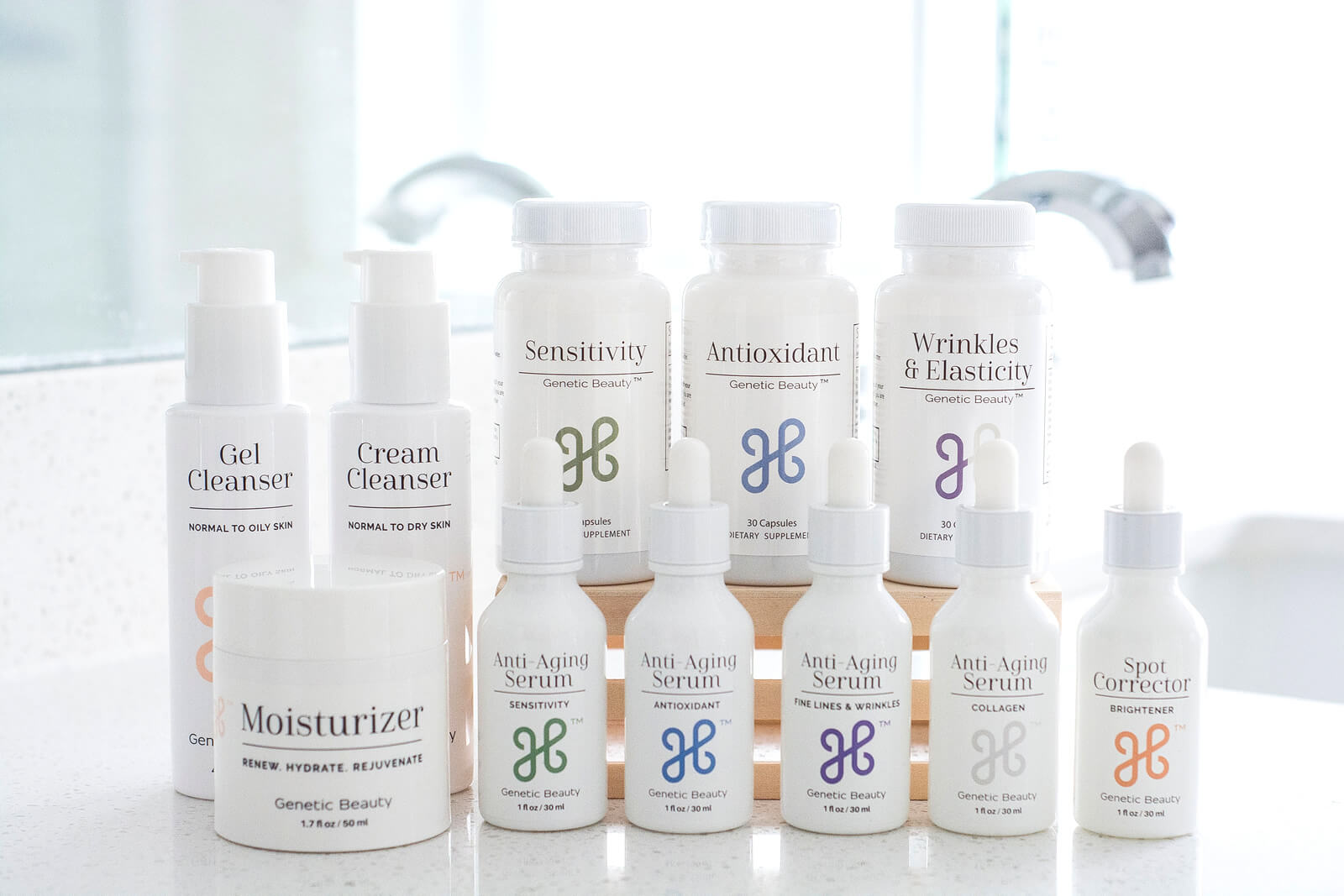Genetic Beauty review of anti aging skincare products line on a bathroom shelf