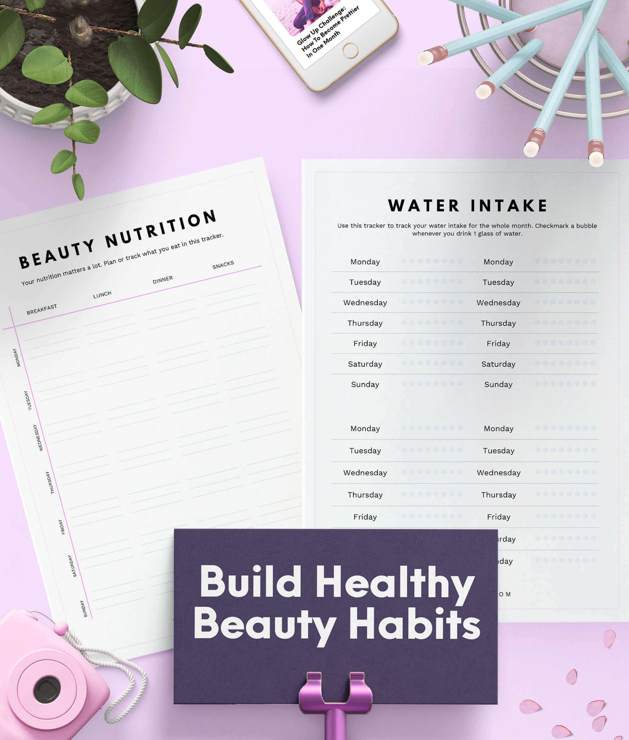 Glow up planner printable water tracker and nutrition tracker