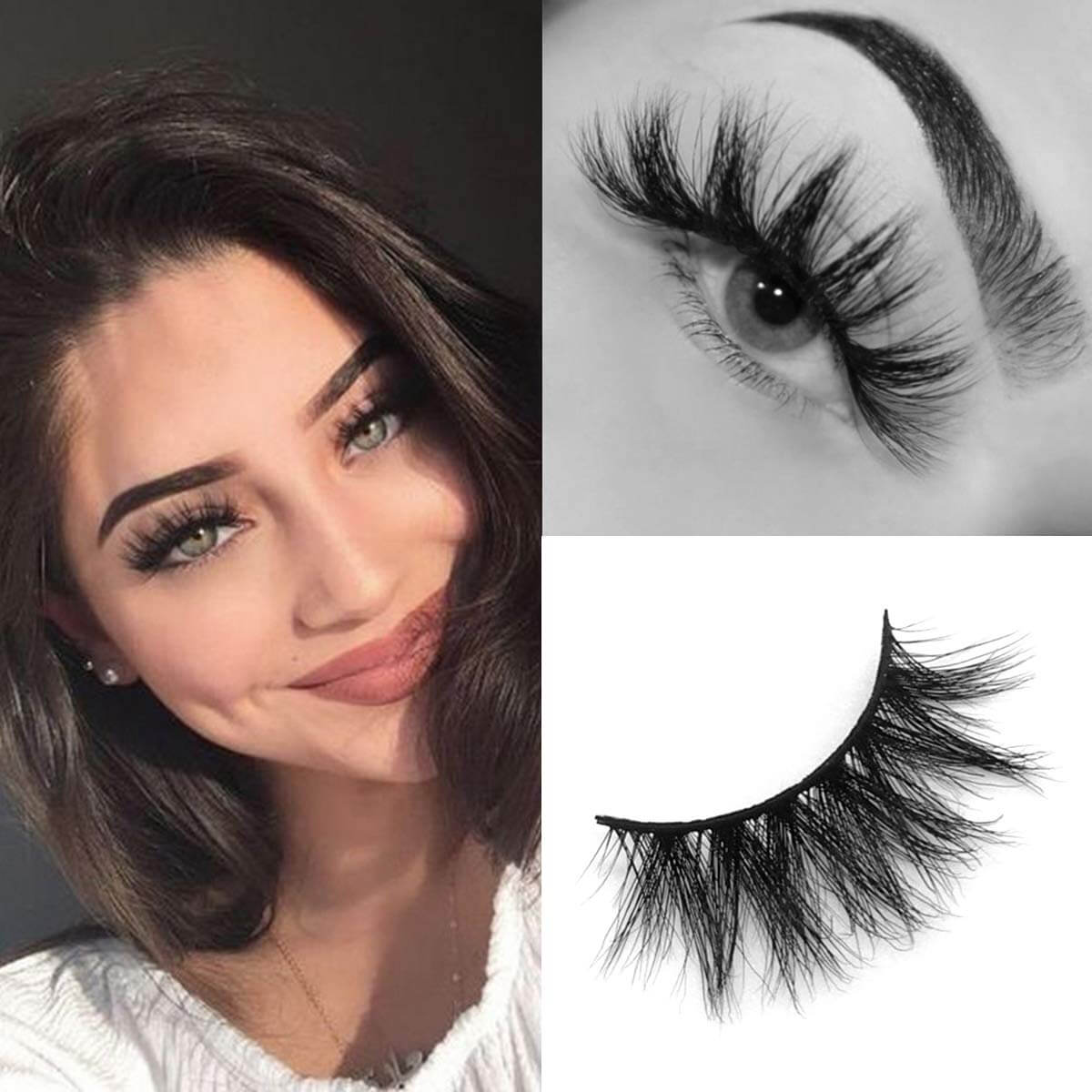 Gorgeous young woman shows how to be pretty with false lashes