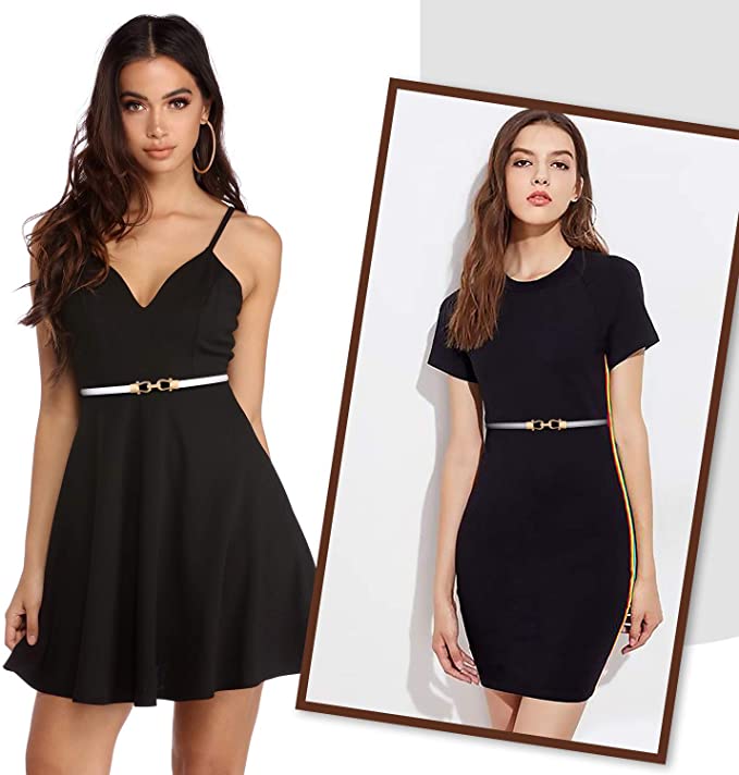 Two women with black dresses show how to be pretty and stylish with a belt