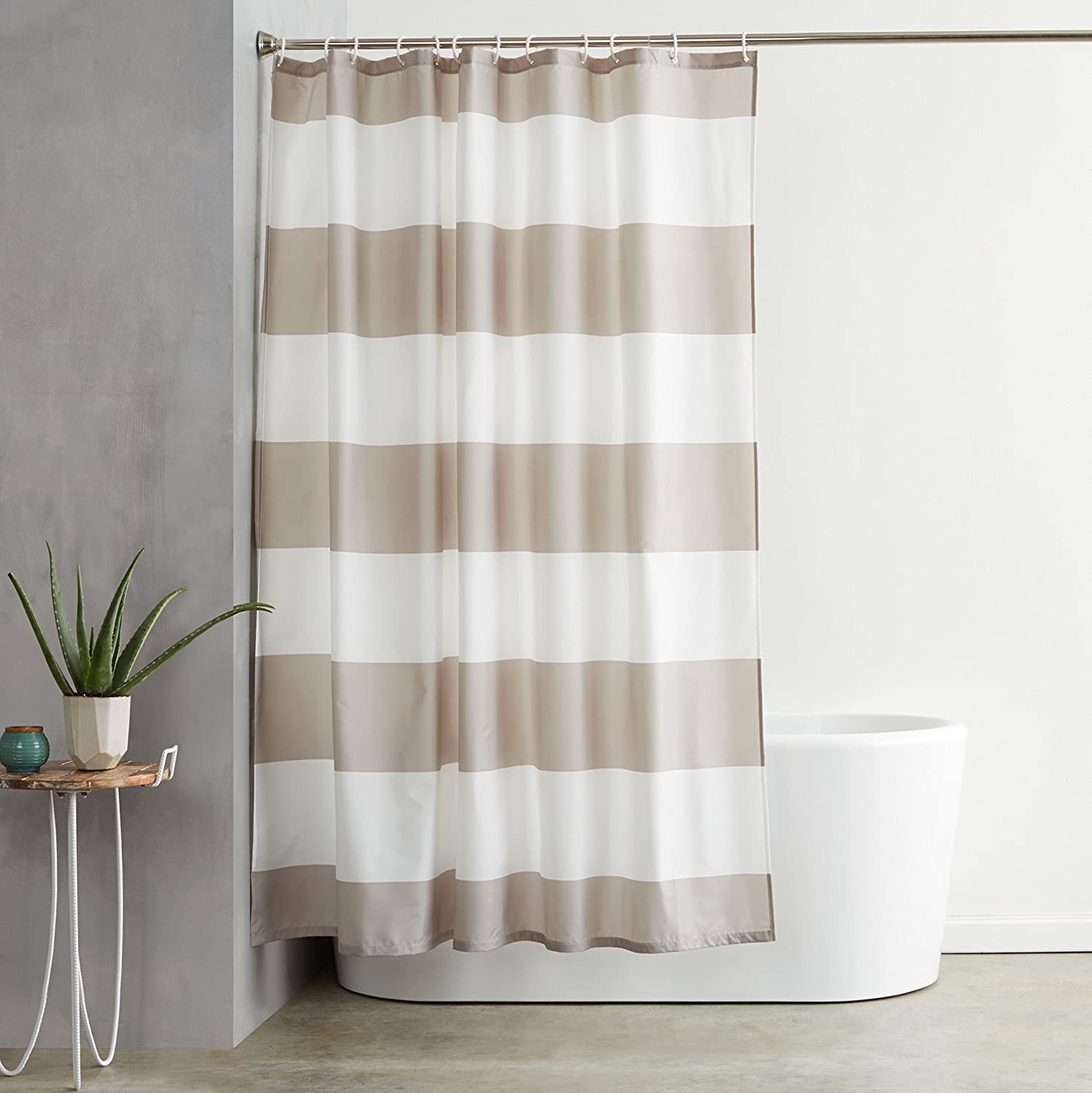 cozy sand and white color shower curtain as a cheap way to decorate