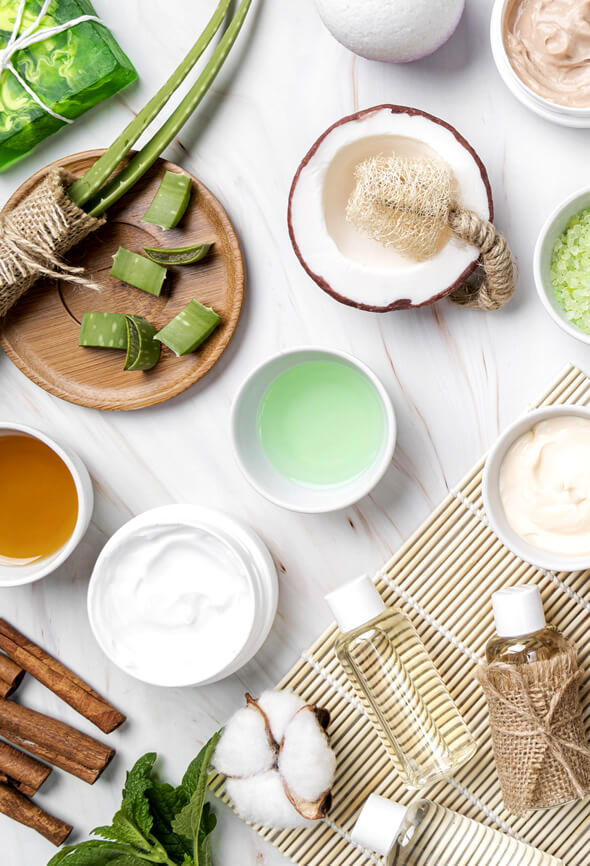 Tools, masks, creams and aloe for beauty self care strategies