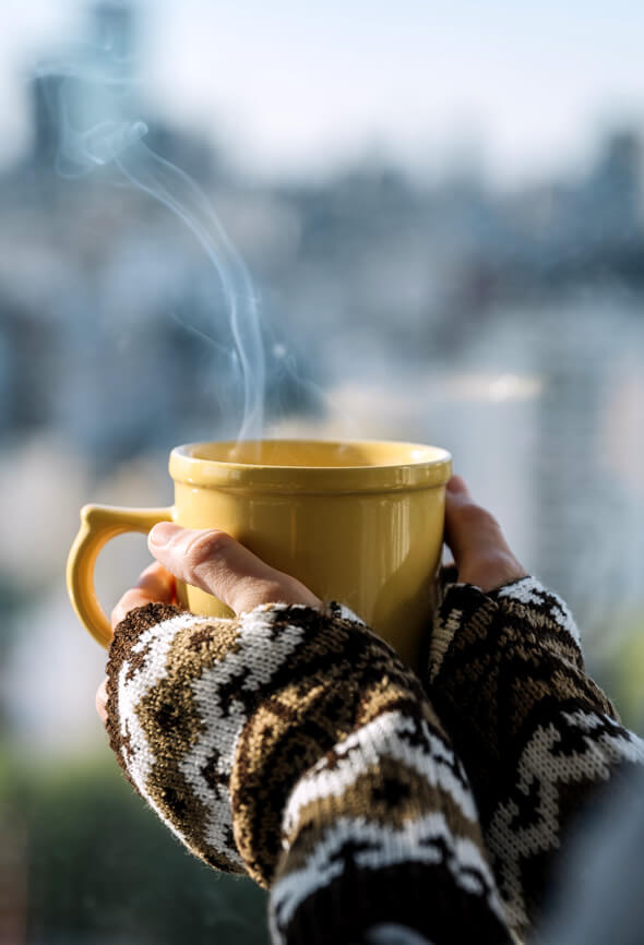 hands holding green tea cup as one of the wellness tips