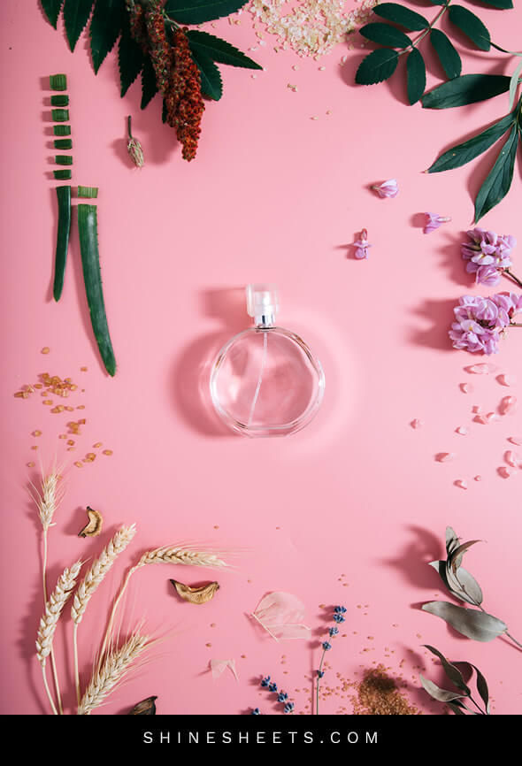 beauty habits concept mosaic made of perfume bottle and various nature leaves