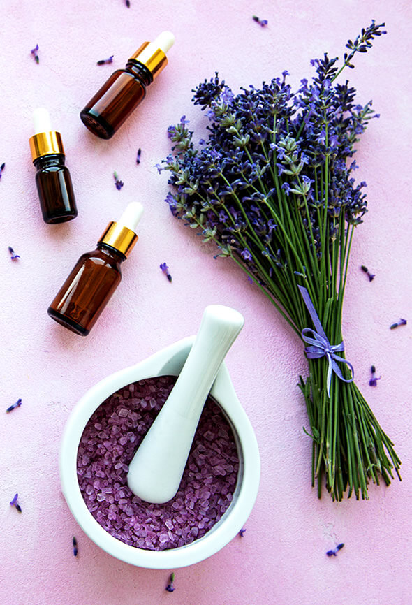 lavender oil and salts on table