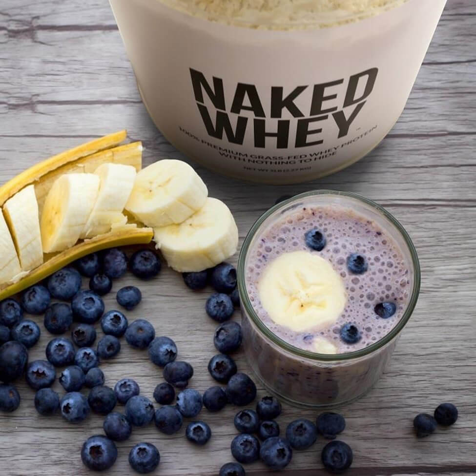 naked whey protein shake blueberries and bananas