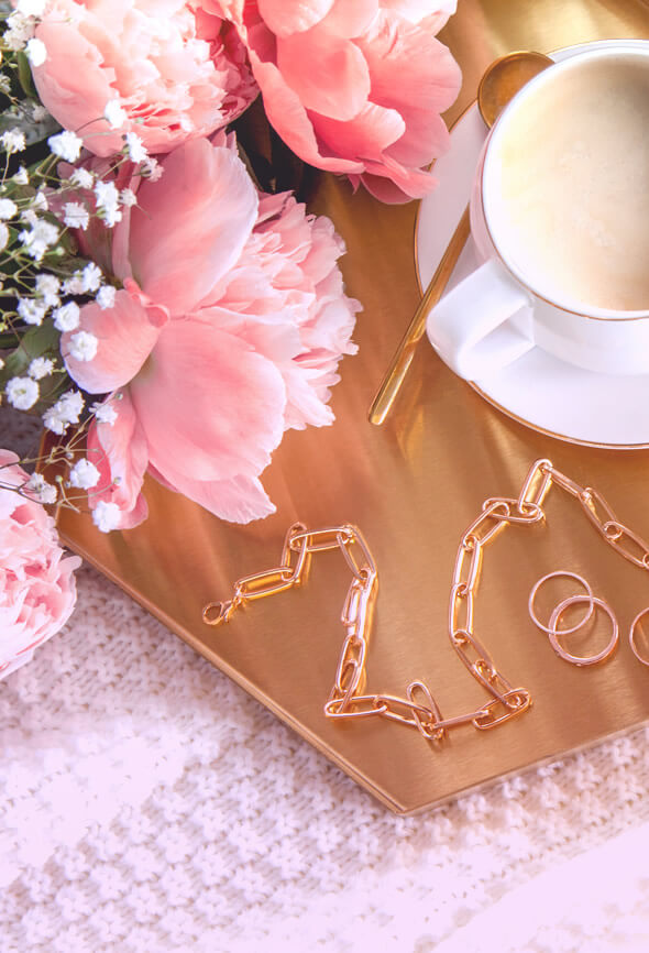 peaceful life illustration with cocoa pink peonies and jewellry