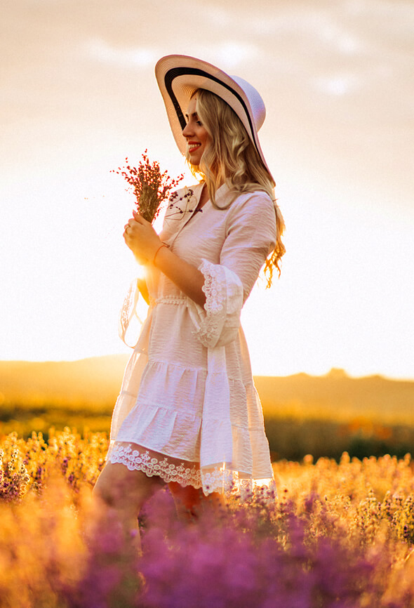 woman with long hair in lavender field
