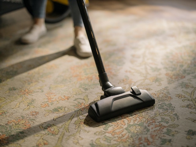 a person vacuuming their carpet