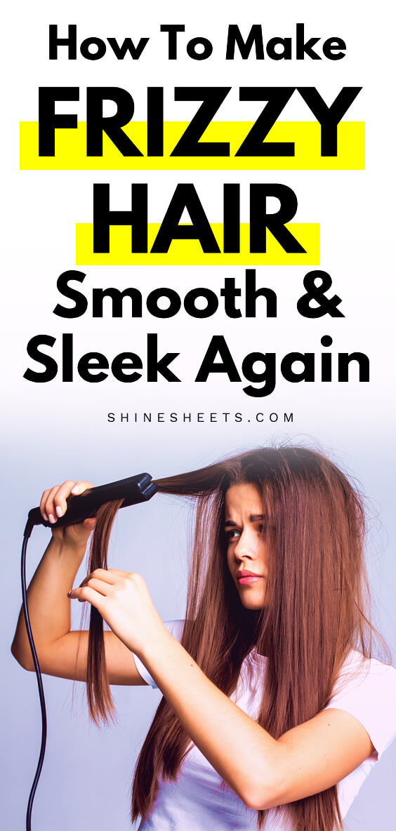 woman flat ironing her frizzy hair