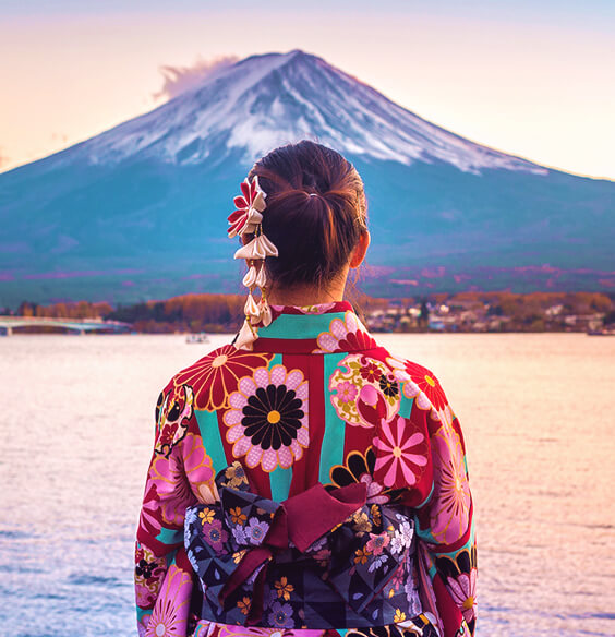 ikigai illustration with japanese woman looking at mount fuji