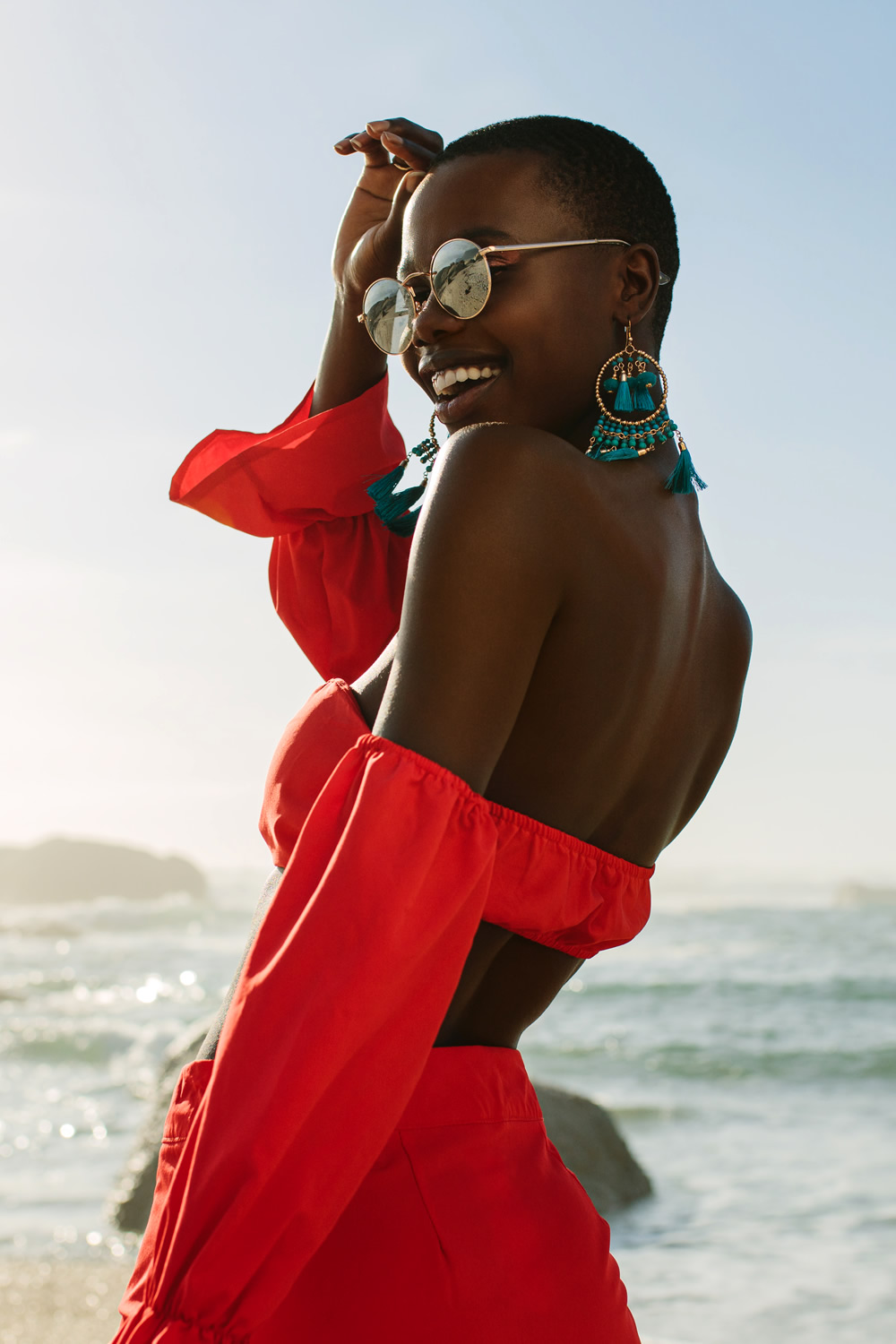 feminine woman in red dress