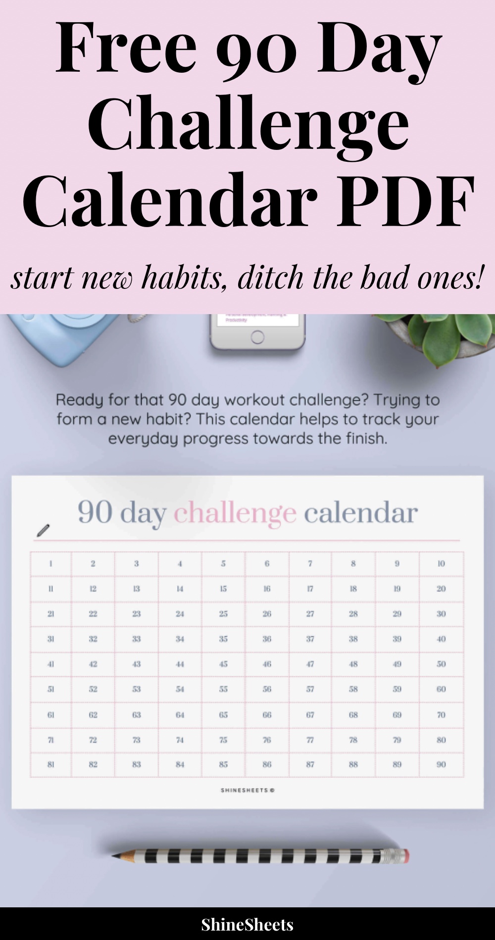 90 day challenge calendar PDF - printed, top view