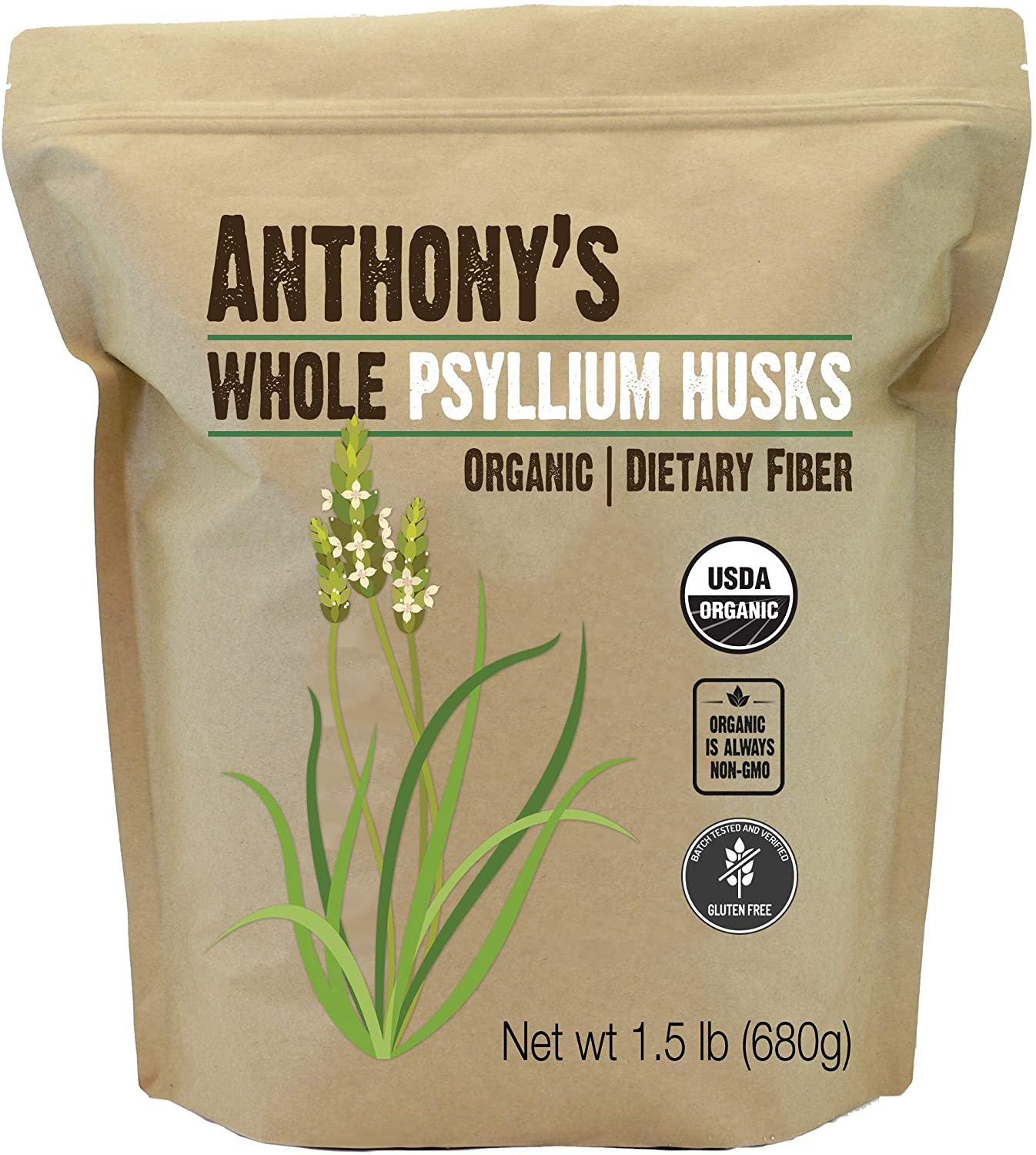 Anthony's Organic Whole Psyllium Husks, 1.5 lb, Dietary Fiber, Gluten Free, Non GMO, Keto Friendly 