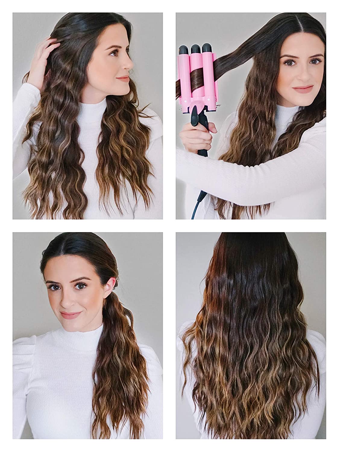 woman using Three Barrel Curling Iron Wand and showing results