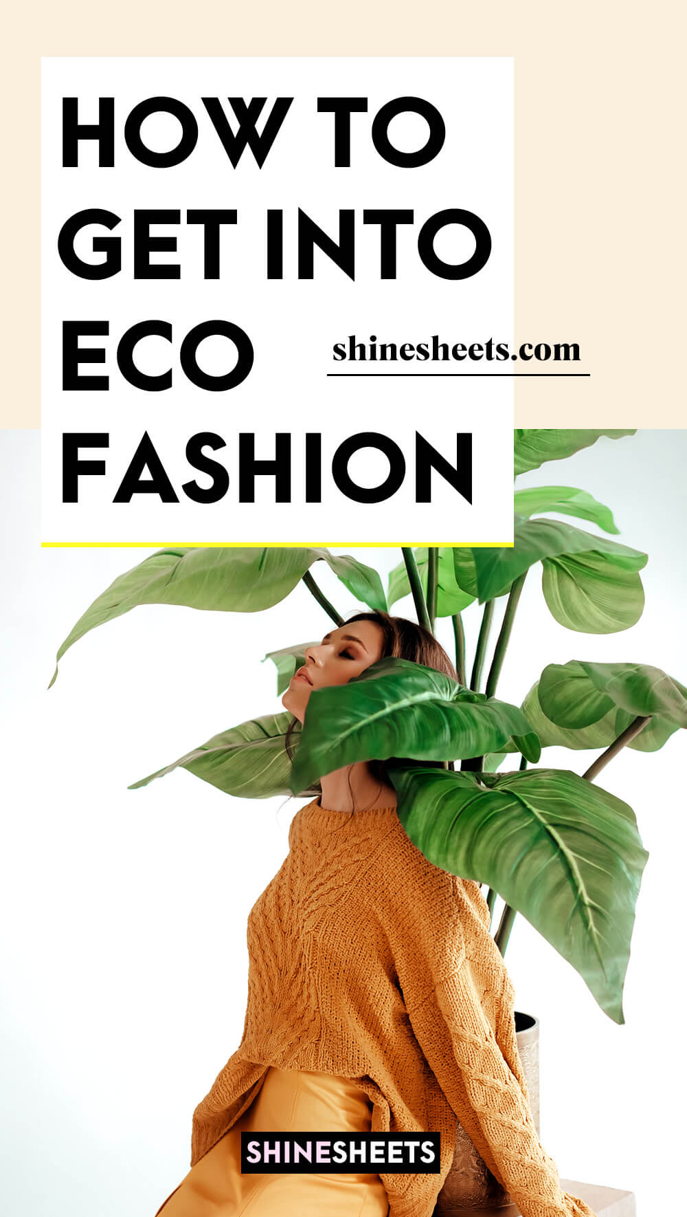 woman with eco fashion clothes and a big leafy plant