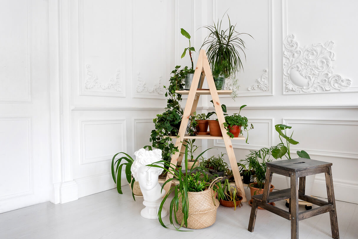 diy plant stand made from wooden ladders