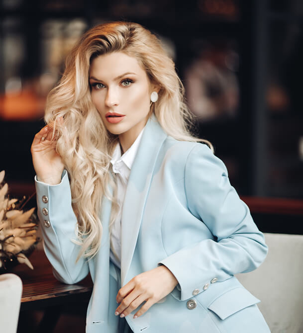 stylish woman with fluffy hair