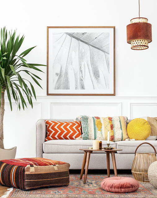 cosy interior with sofa and coffee table wall frame art