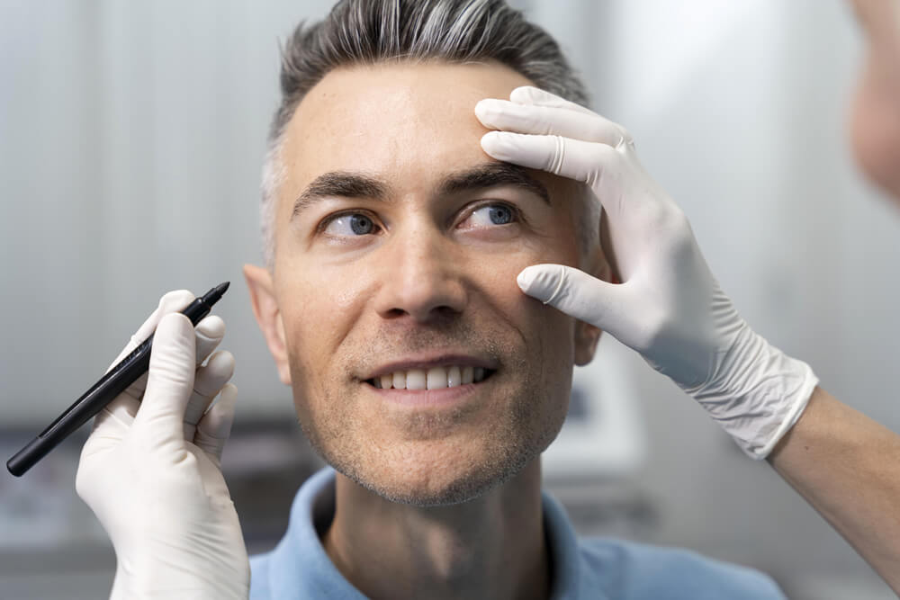 man getting a consultation about cosmetic surgery procedures - browlift
