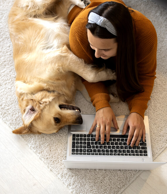 good boy dog resting with his owner on one of the pet-friendly rugs