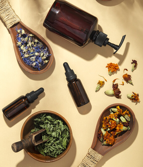 various herbs and herbal extracts on the table