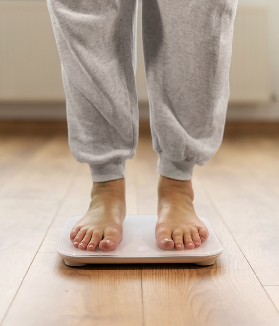 person stepping on a scale to check how much weight they lost