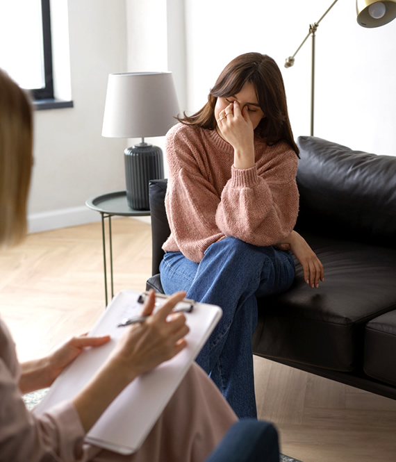 person talks to a therapist in a mental health counseling session